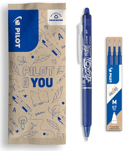 PILOT - Set aus 1 FriXion Clicker + 1 Set aus 3 Minen - Radierbarer Stift mit Druckmechanik und wärmeempfindlicher Tinte - Nachfüllbar und komfortabel - Blau - Mittlere Spitze