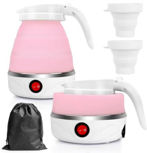 RANJIMA Hervidor de Agua Portátil Pequeño 600ml Hervidor de Agua Eléctrico Plegable de Silicona,Mini Hervidor de Agua para Camping con 2 Vasos Plegables para Senderismo al, 5 Minutos de Cocción Rápida
