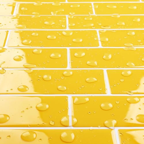 Livelynine Piastrelle Adesive Cucina 3D Giallo 30x30CM Paraschizzi Cucina Adesivo Muro Giallo Ocra Piastrelle Adesive Bagno 3D Metro Mattonelle Adesivi Cucine Resistenti al Calore Camino, 4 Pezzi