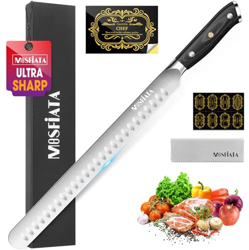 MOSFiATA Schinkenmesser Extrem Scharf 12 Zoll, Tranchiermesser, Lachsmesser Aufschnittmesser, Küchenmesser für Schinken aus EN1.4116 Edelstahl Geschenkpackung
