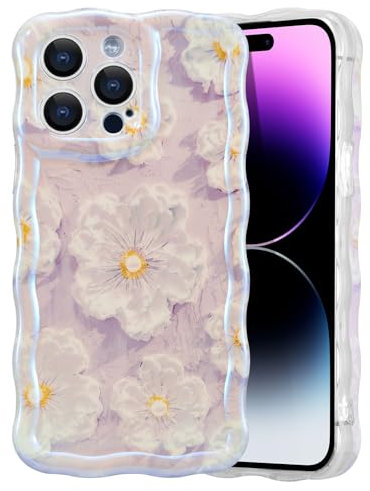 EYZUTAK Case for iPhone 16 Pro Max, Colorful Retro Oil Painting Flower Laser Glossy Pattern Cute Curly Wave Edge Exquisite Phone Cover Stylish Durable TPU Protective Case for Girl Women - Light Purple