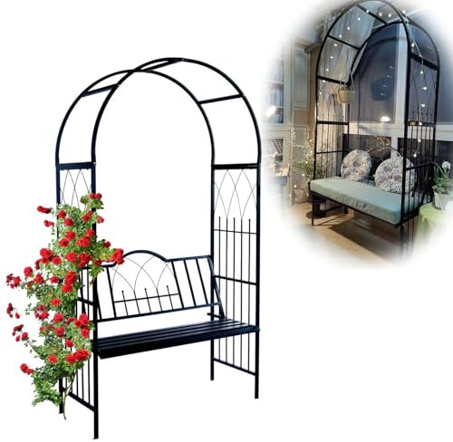 Metall Rosenbogen Garten Bogen mit Bank Rankhilfe Rankgitter Torbogen Für Kletterpflanzen Verzinkt Rankbogen 210x114x52cm Gartenbogen Witterungsbeständig