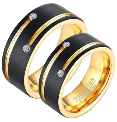 Calefee Wolfram Ringe Paare, Ringe Paare mit Gravur 8 mm Ring Schwarz Gebürsteter mit Zirkonia, Damen Größe 54 und Herren Größe 62