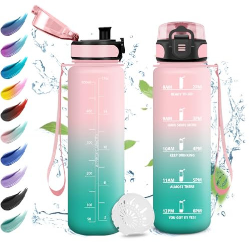 Botella Agua 500ml, Botella Agua con Filtro, Fácil de Abrir, Reutilizable, Botella Agua Motivacional a Prueba de Fugas, Cantimplora para Niño, Niña, Colegio, Escuela, Camping, Bicicleta, Gym