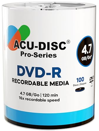 ACU-DISC Pro-Series DVD-R 4.7GB 16x Speed 120 Minutes Blank Discs AZO Dye UV Protection Hard Coat Anti-Scratch Surface – Perfect for Photos & Videos – Compatible with Any DVD Drive 17721 – 100 Pack