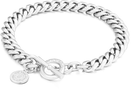 KRKC&CO Herren Panzerkette Armband mit T Stab Verschluss, 8mm Weißgold beschichtet Edelstahl Cuban Armbänder, Nickel-frei Rostfrei Armschmuck, Geburtstag Geschenke für Damen Männer Jungen 19cm