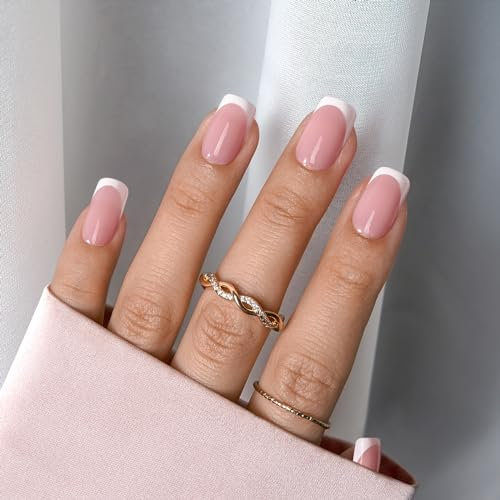 BTArtbox Press on Nails Short - Squares French Tip False Nails in Pink Base, Stick on Nails for Women in 16 Sizes, 32 Pcs Soft Gel Fake Nail Kit