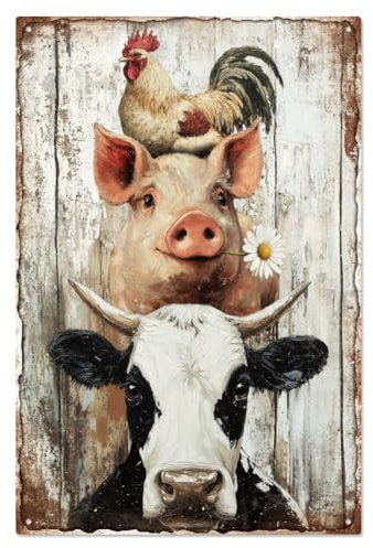 WADORN Blechschild Aus Metall Im Vintage Mit Schwein Kuh Huhn, 20x30cm Retro Blechschild Mit Bauernhoftieren Wandkunst Lustiges Poster Mit Übereinander Gelegten Tieren Dekor Geschenk Für Zuhause