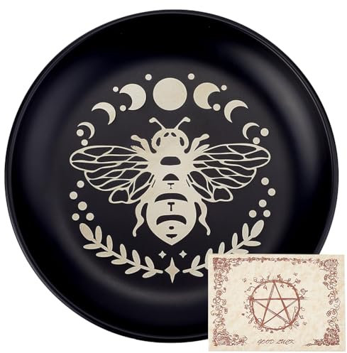CREATCABIN Ritualteller Mit Bienenphase Mond Altar Flache Schale Rundes Tablett Gebetsschale Opferschale Kerzenhalter Mit Wahrsagekarte Schmuckschale Zum Räuchern Räuchergefäß Meditation Tarot 14cm