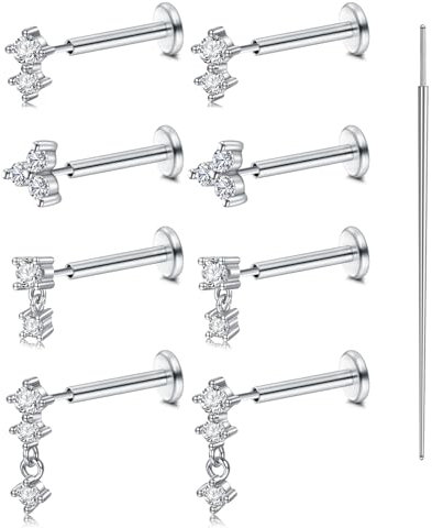 AVYRING 9 Stk Flat Back Ohrringe für Damen, Edelstahl Threadless Stecker, 20G 8mm Push-in Nasenstecker mit CZ, Helix Tragus Conch Daith Rook Cartilage Lippen Labret Piercing Schmuck, Silber