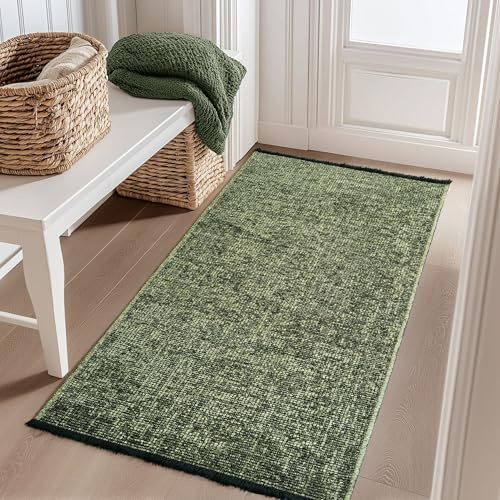 Carpetsale24, Baumwolle Teppich Läufer Grün 80x150 cm Waschbar, Boho-Stil, Vintage Kelim, Kurzflor, rutschfest & Weich, Einfarbig Meliert, Für Küche, Schlafzimmer & Flur
