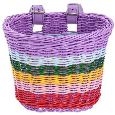 Fahrradkorb Rollerkorb Kinder Laufrad Vorderer Lenkerkorb Handgeflochtener aus Kunststoffgeflecht Bunt Vorne Abnehmbar, Geflochten aus Rattan Mit Lederriemen (Regenbogen-Mittel)