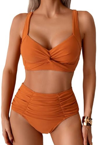 Sangdut Damen Badeanzüge Bikini Set, Sexy Bauchweg Lace Up Badeanzug Zweiteiliger Bauchweg Bademode für Damen(Orange,M)