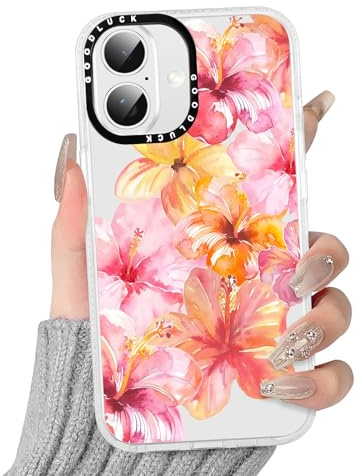 Yoedge Transparent Handyhülle für iPhone 16 Plus Hülle, Aesthetic Hibiskus Blumen Sommer Muster Muschel Design Mädchen Geschenk Schutzhülle,Silikon Case Cover für iPhone 16 Plus 6,7,Bunt Flower