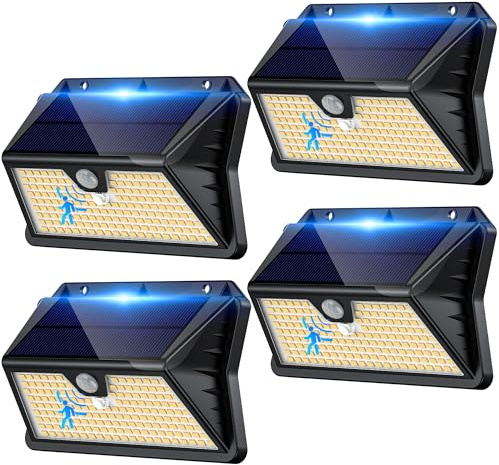 Giliwosy Focos LED Exterior Solares,【4 Paquete/3 Modos】 Luces Solares con Sensor Jardin de Movimiento 185 LED Luz Solar Exterior, IP65 Impermeable para Jardín, Garaje, Patio, Puertas (Blanco Cálido)