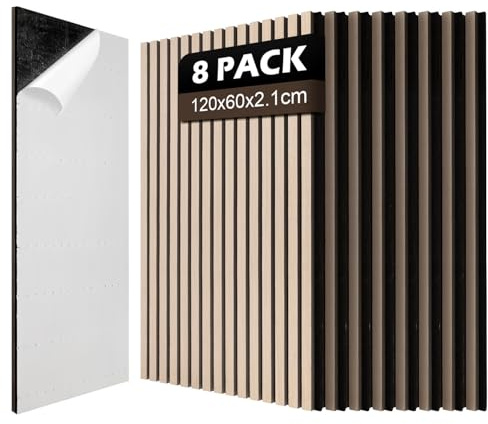 Jaxguom 8x Akustikpaneele Holz 120x60cm (5.76m²) Selbstklebend 3D Wandpaneele in Holzoptik für Schallschutz & Dekoration,Holzpaneele für Wohnzimmer,Büros,Studios,Zur Wandmontage,Eiche