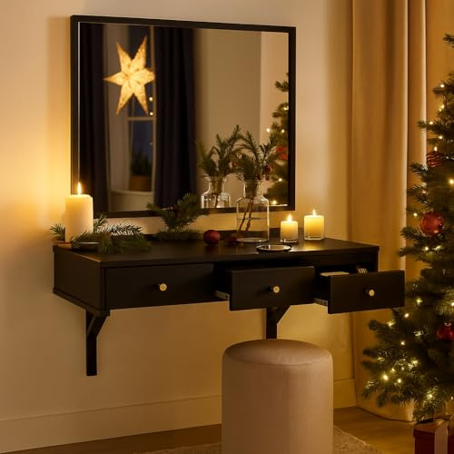 LANOX Hängender Schminktisch Schwarz mit Spiegel, 3 Schubladen & Steckdosen, Tablet-/Getränkehalter, Modernes Design, Wandmontage Kosmetiktisch, Stauraum, 100x105x45 cm