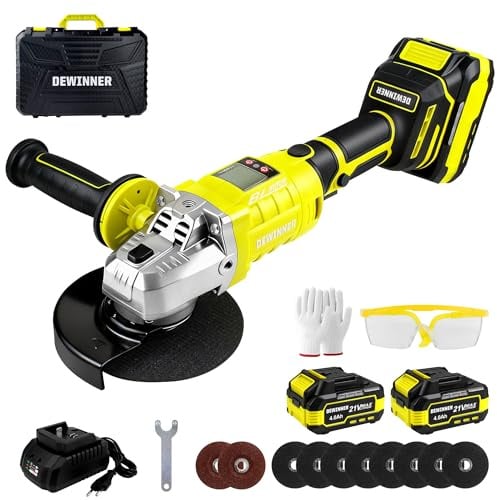DEWINNER Smerigliatrice Angolare a Batteria Brushless 20V, Ø125mm, può ruotare di 90° su entrambi i lati.Smerigliatrice Angolare Senza Fili con 2 Batterie da 4.0Ah, 8500 giri/min, Dischi da Taglio