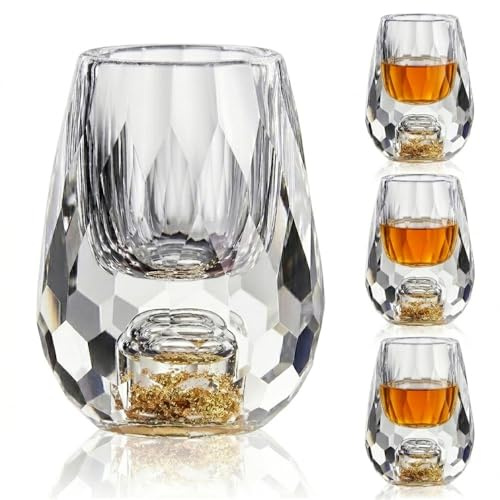 Culcenor Elegante Glas Shot Cups mit Goldblatt-Design, 15 ml, 4 Stück | Für Tequila, Whisky, Mezcal, Likör, Wiederverwendbar, Spülmaschinenfest, Geschenk für Vater, Freunde, Bar-Liebhaber