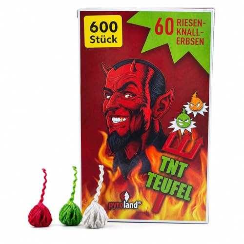 Pyroland Knallerbsen 600 TNT Teufel, 10 x 60 Stück, Riesen Knallerbsen im auffälligen Teufel-Design, große Partyknaller für Kinderfeuerwerk, bunte Knallteufel für Silvester und Events