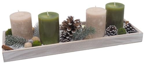 ZauberDeko Adventsgesteck Weihnachten Deko Tablett Holz Grau Kerzen Taupe Grün Streudeko 40cm