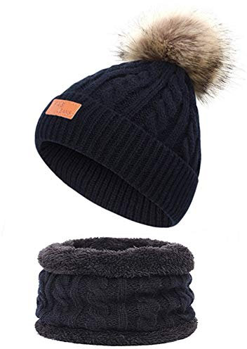 Martin Kench Kinder Winter Beanie Hut Schal Set Winter Mütze Loop Schal Set Kinder Unisex Strick Bommelmütze Wolle Schal für Mädchen Baby (Schwarz)