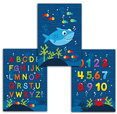 Junaversum Poster für Kinderzimmer Plakat Hai Zahlen Buchstaben ABC Mädchen Jungen Deko für Babyzimmer Wandbilder A4 Tiere (3-er Set)