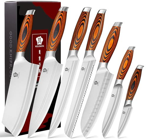 WILDMOK 7-teiliges Küchenmesserset mit Premium-Pakkawood-Griff Deutsches Stahlmesserset Inklusive Hackmesser-Kochmesser Santoku-Messerset