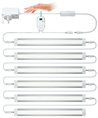 LAMPAOUS Motion Sensor LED Under Cabinet Lights Indoor, Dimmable Cool White Daylight Hand Wave LED Light Bar with 12V DC UK Plug,Supber Bright 1920LM Linkable Kitchen Lights for Under Units, 6 Pack