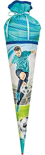 Stoff Schultüte Motiv + Größe + Zubehör wählbar 85/70 cm - Holzspitze - Zuckertüte - Stoffabschluß - Roth 6 eckig rund - Jungen Fußball - Stoffschultüte..