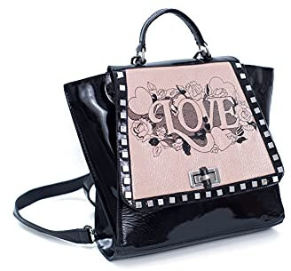 Schicker schwarz-pinker Rucksack mit LOVE-Aufdruck und Nietenakzenten - trendige Damen wandelbare Tasche mit Tragegriff oben, Schwarz und Rosa, Medium, Schicker schwarz-pinker Rucksack mit