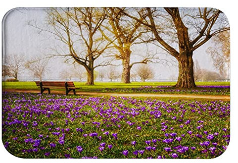 A.Monamour rutschfest Saugfähig Badematte Violett Blühende Krokusblüten Bäume Im Park Garten Frühling Natur Landschaft Flanell Badezimmerteppich Badteppich Badvorleger Badewanne Dusche Duschvorleger