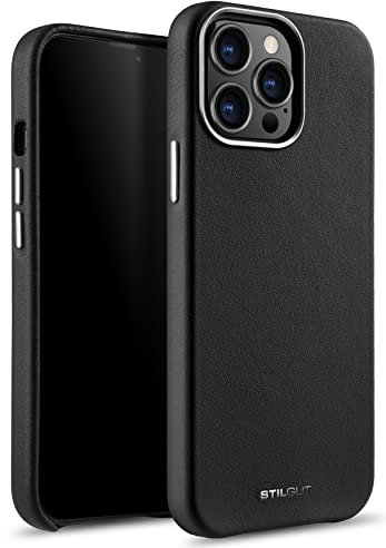 StilGut Cover compatibile von iPhone 13 Pro Max Custodia Posteriore Sottile, Case in Vera Pelle, Nero