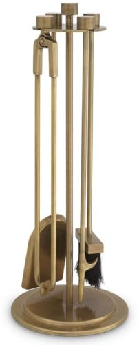 Casa Padrino Luxus Kaminbesteck Set Vintage Messingfarben Ø 27,5 x H. 71 cm - 4 teilige Kamingarnitur mit Ständer - Kamin Zubehör