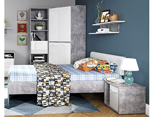 expendio Jugendzimmer Coburg 22 Betonoptik weiß 5-teilig Kinderzimmer Jugendbett Nako Eck-Kleiderschrank Regal Wandboard