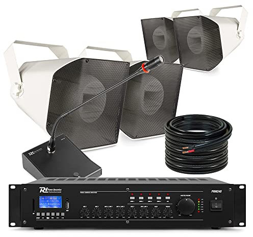 Power Dynamics HS650 Commercial Outdoor Horn Speaker System - 4x IP66 Weatherproof Speakers, Bluetooth Mixer Amplifier, Paging Microphone & Cable - for Schools, Sports Centres & Pools