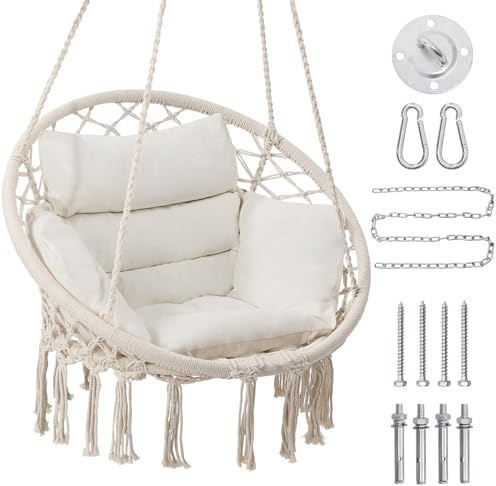 KROFEM Macrame Hammock Hanging Swinging Chair with Medium Cushion, Perfect for Bedroom, Porch, Adults, Balcony, Beige