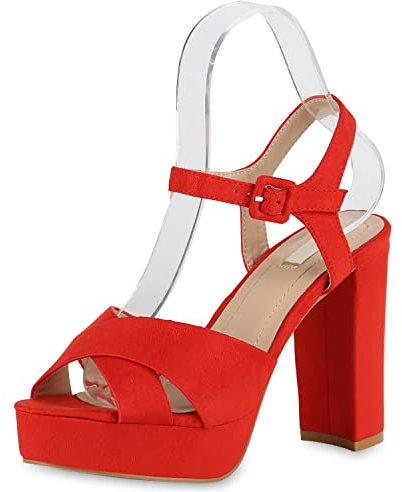 VAN HILL Damen Plateau Sandaletten Blockabsatz High Heels Wildleder-Optik Party Schuhe Absatzschuhe 175329 Rot Trendy 38