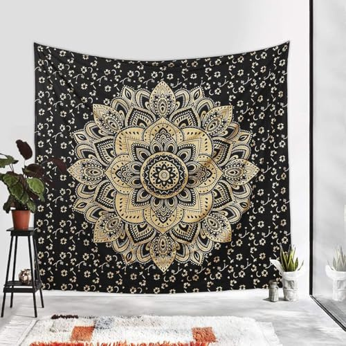 Bless International Traditioneller indischer Mandala-Hippie-Wandbehang, Baumwoll-Tapisserie, Ombré-Stil, Bohemian-Tagesdecke (King (225 x 265 cm), schwarz-goldene Blume)