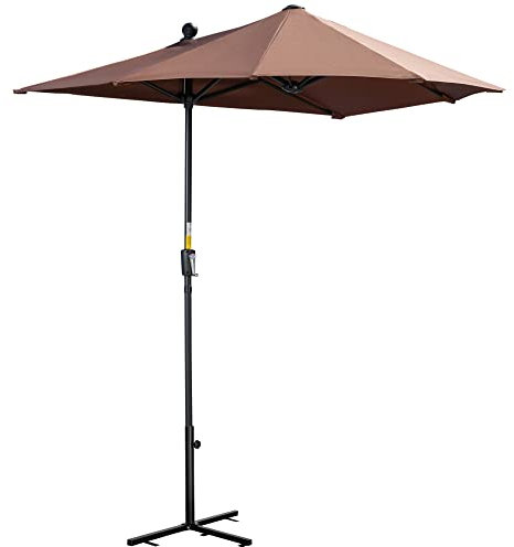 Outsunny 2m Half Parasol Market Umbrella Garden Balcony Parasol with Crank Handle, Cross Base, Double-Sided Canopy, Coffee