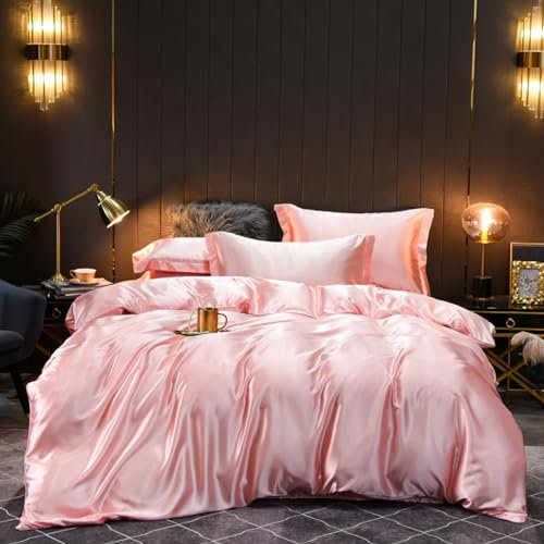 Freyamy Housse de Couette Satin 220x240 Couleur Unie Rose Parure de lit Adulte 2 Personnes avec Fermeture Éclair Sets de Housse Couette en Satin de Soie Brillante avec 2 Taie d'oreiller 65 x 65