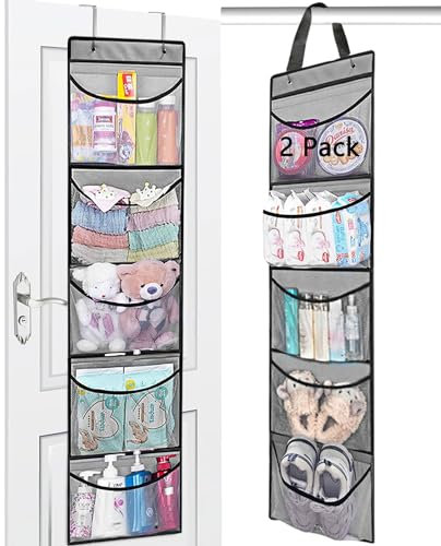 Devesanter Over The Door Hanging Organizer 2 Pack - 5 Pockets Storage for Closet, Wardrobe, Toys, Bedroom, Bathroom (Grey)