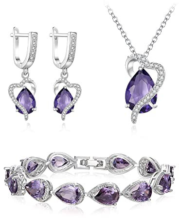 EVER FAITH Schmuck Set Teardrop Cubic Zirkonia Party Liebe Herz Halskette Ohrringe Tennis Armband für Geburtstag/Muttertag Geschenke für Mama/Frau/Freundin Lila Silber-Ton