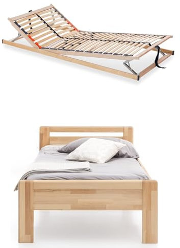 WOODLIVE DESIGN BY NATURE Massivholz-Bett aus Kernbuche inkl. verstellbarem Lattenrost, als Seniorenbett geeignet, in Komforthöhe, geöltes Einzel- und Komfortbett mit Kopfteil (90 x 200 cm)