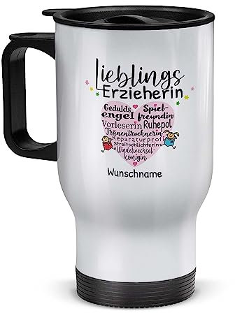 Tassendruck Edelstahl-Thermobecher selbst gestalten mit Name - Lieblingserzieherin - Geschenke für Erzieherin Abschiedsgeschenk, Coffee to Go Becher | Personalisiertes Geschenk, Weiß, 390 ml