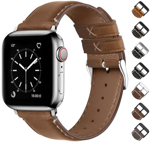 Fullmosa Cinturino Vera Pelle per Apple Watch 40mm 41mm 42mm (S10) 38mm Donna e Uomo, Cinturini di Ricambio Compatibile con Apple Watch SE SE2 Serie 10 9 8 7 6 5 4 3 2 1, Marrone Mou+ Fibbia Argento
