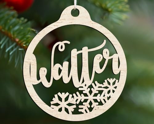Personalisierte Weihnachtskugel, Holz-Christbaumschmuck in Form Einer Kugel, beliebiger Name oder Schriftzug, 9 x 10 cm, Schneeflockenmuster