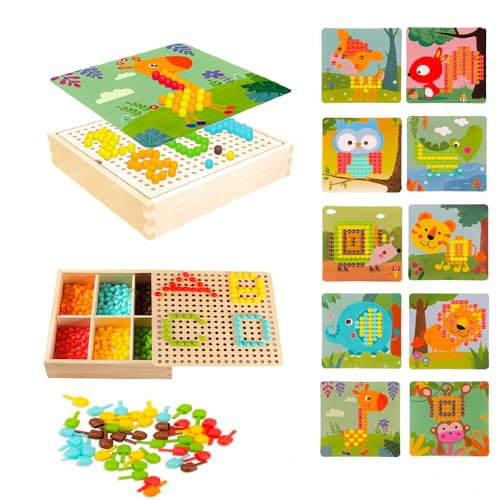 ENIKMOSD Mosaik Steckspiel für Kinder,Spielzeug ab 2 3 4 5 Jahre Holz Mosaik Kinder Pegboard Lernspielzeug Steckmosaik mit Steckperlen & Karten Montessori Steckspiel Geschenke für Jungen Mädchen