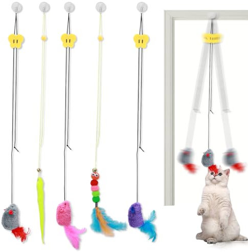 Realand 5Pcs Interactive Door Hanging Cat Toy, for Indoor Cats Kitten Feather Toys Cat String Products Teaser That Can Make Sounds