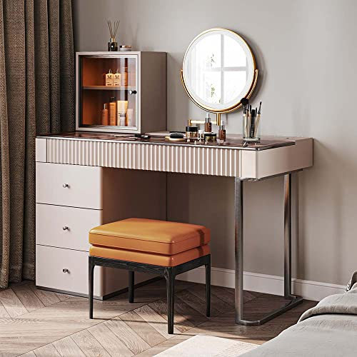 Dressing table,(en:Dressing Table with Mirror and LED Light, Easy Assembly, Modern Mid-Century Style Vanity Table with Stool and Charging Station, 5 Drawers, Tempered Glass Table Top (Pin